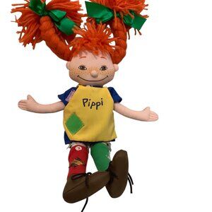 Pippi Longstocking Doll Plush Omega Toy 16" Orange Hair Green Bows Yellow Apron